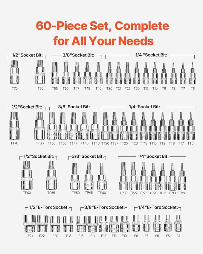 VEVOR Torx Bit Socket and External Torx Socket Set, 60-Piece T6-T70, TT6-TT70, TP8-TP60, E4-E24, S2 Alloy Steel and Cr-V Steel, 1/4 in, 3/8 in, and 1/2 in Drives, with Enhanced Storage Case, Hand Use
