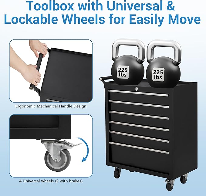 GarveeLife 6-Drawer Tool Box 24" Garage Tool Box with Key Lock and Removable Drawer Liners, Wheeled Design, Suitable for Garages, Warehouses, Workshops, and Repair Shops - Black