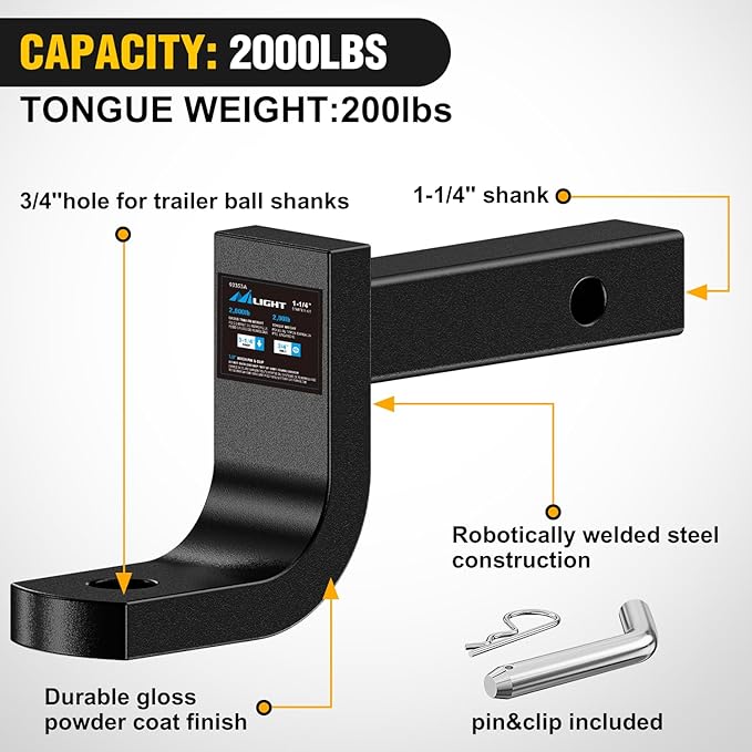 Nilight Trailer Hitch Ball Mount with 1/2" Hitch Pin Clip Fits 1-1/4 Inch Receiver Square 2000 lbs 3-1/4"Drop, 2-5/8" Rise, 3/4" Hole, Gloss Black Powder Coat