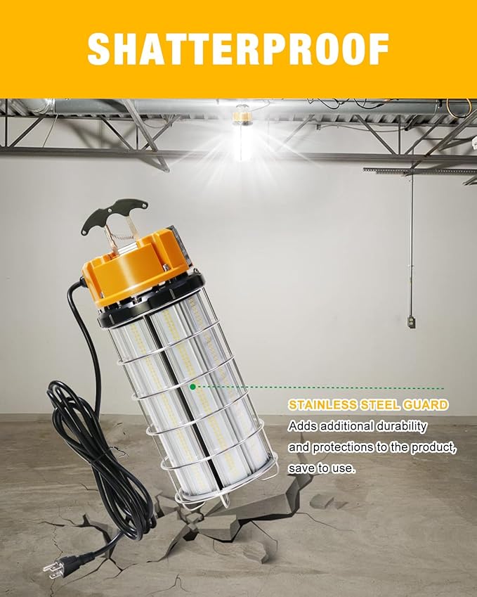 LED Temporary Work Light 250W, Construction Lights 5000K 30,000lm Outdoor Job Site Lighting 10ft Cord IP65 Dust Waterproof Hanging Lighting