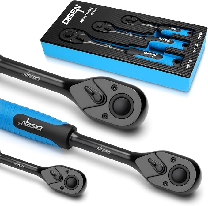 DISEN 3PCS Black Ratchet Set (1/2", 3/8", 1/4" Drive) - 90-Tooth Drive Ratchet Socket Wrench Reversible with Non-slip Rubber Grip, Quick Release & EVA Tray - Professional Ratchet Wrench Handle Kit