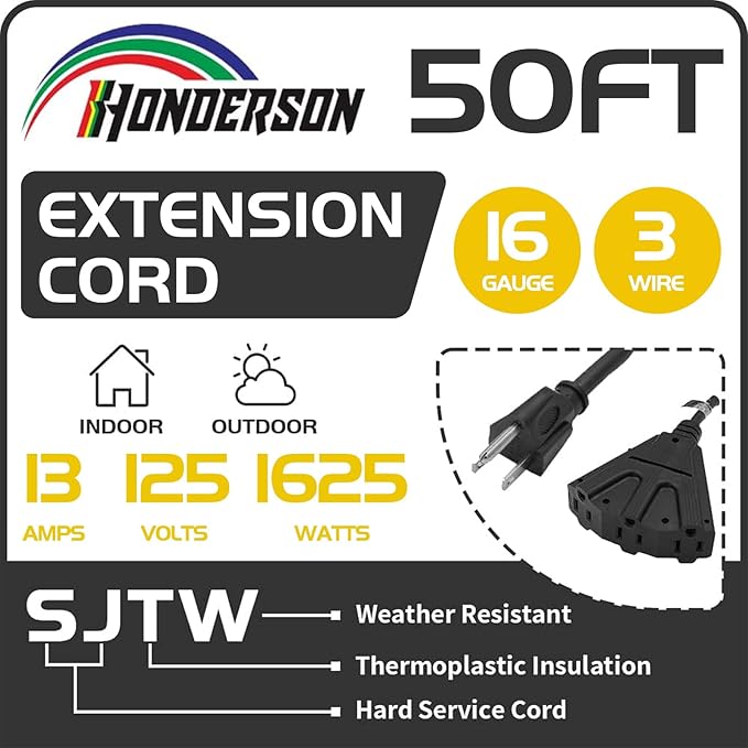 3-Outlets Indoor Outdoor Extension Cord Weatherproof, UL Listed, 16 Gauge 50FT Black 3 Prong Heavy Duty, 16/3 SJTW 13A Power Cord