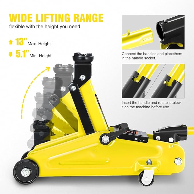 PM PERFORMOTOR Low Profile Hydraulic Trolley Service/Floor Jack, 2 Ton (4000 lbs) Capacity, Lifting Range 5.1"-13", Yellow,PM-TOL-FJ20-YL
