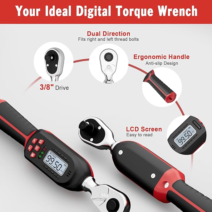 VANPO Digital Torque Wrench 3/8-Inch Drive 5-99.5 ft-lbs./6.8-135Nm, ±2% Torque Accuracy, Electronic Torque Wrench with Preset Value, Buzzer and LED Notification for Automotive Motorcycle & Bicycle