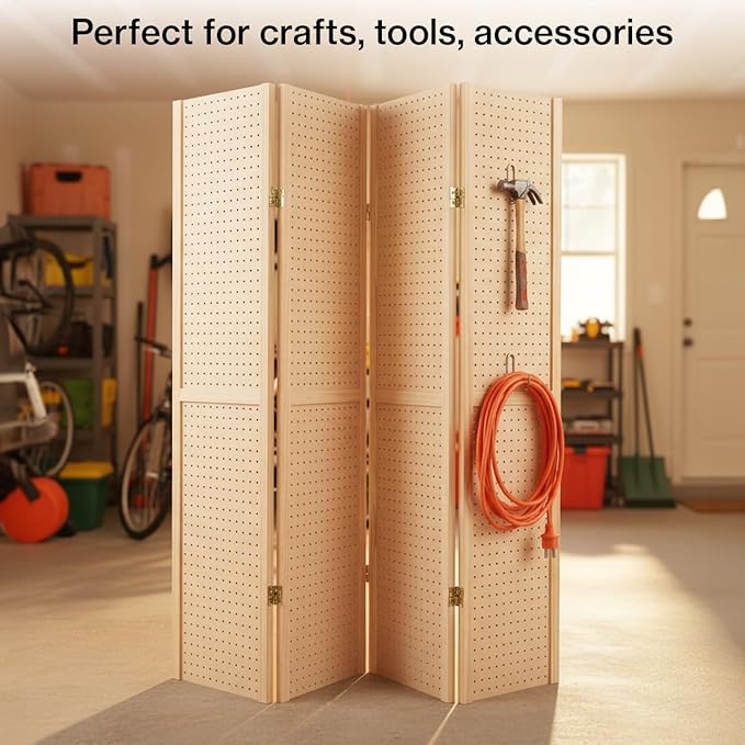 SSWBasics 5 Foot 4-Panel Folding Pegboard Stand for Crafting - Versatile Pegboard Display and Room Divider - Paint-Ready Surface for Customization - Perfect for Trade Shows, Flea Markets, and Home