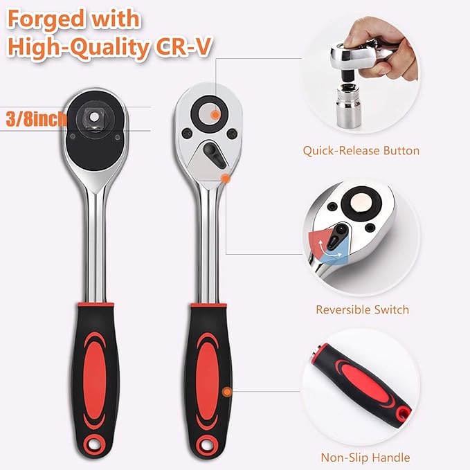 Universal Socket Wrench Set (11-32mm 7-19mm) Professional Sockets Tools Multi-function Wrench Repair Tool Kit with 3/8 inch Ratchet Wrench & Power Drill Adapter Chrome Vanadium Steel