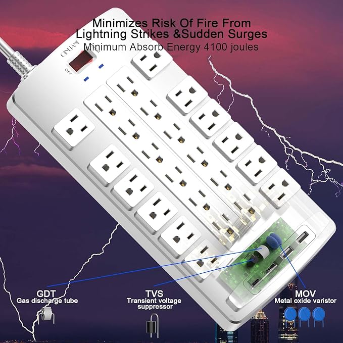 QINLIANF Surge Protector Power Strip - 10Ft Flat Plug Heavy Duty Extension Cord with 24 Outlets and 4 USB Ports(2 USB-C Ports), 1875W/15A, 4100J, for Home, Office, Dorm, ETL Listed, White