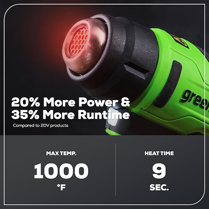 Greenworks 24V Cordless Heat Gun Kit, 4.0Ah Battery & Charger Included - Hot Air Tool, Max to 1000℉/538℃ with 3 Nozzles for Home, Garage, Outdoors
