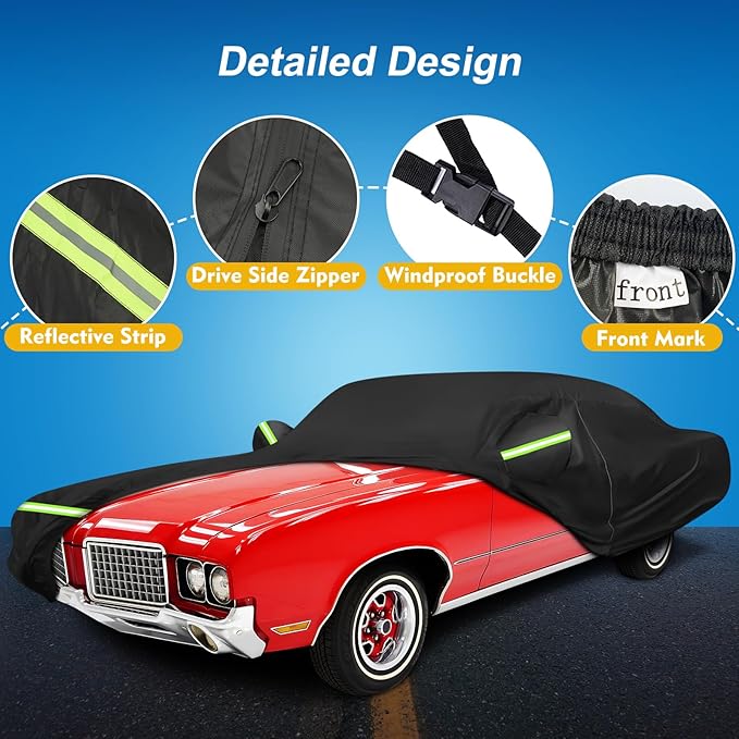 QUNSUNUS Waterproof Car Cover for Oldsmobile Cutlass 1966-1980/1988, Outdoor Car Cover with Zipper, Full Exterior Car Covers for Automobiles All Weather with Wind, Sun, UV and Dust Protection