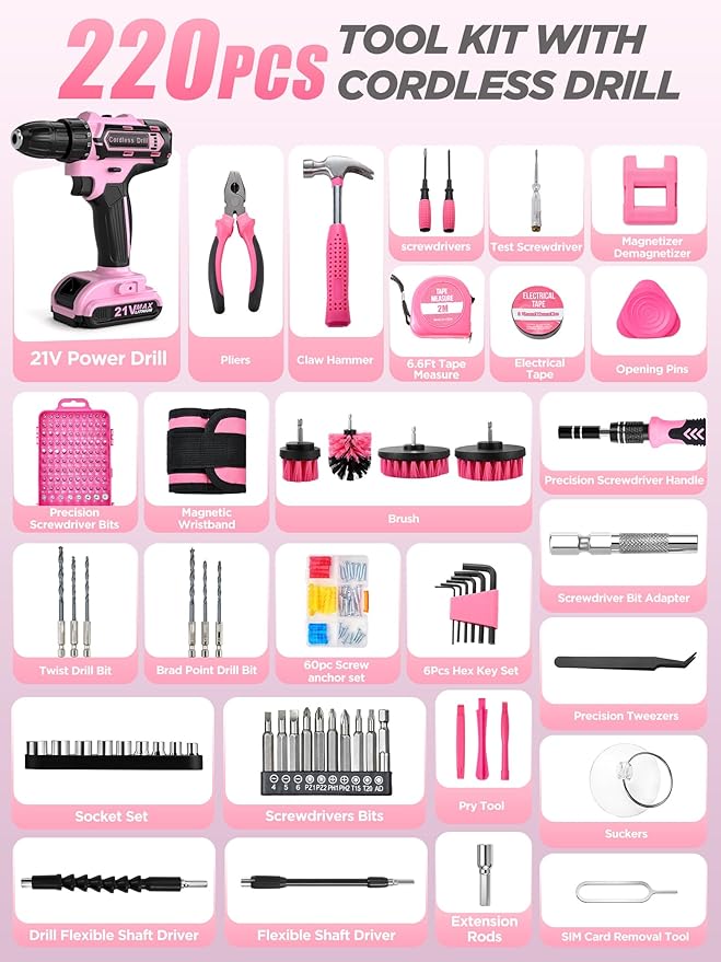 Cordless Drill Set 220 Pcs, 21V Power Drill with Tool Kit, Storage Bag, Electric Drills for Women, Precision Screwdriver set, Magnetic Tool Belt, Hand ToolBox, Drills Brush, Valentine's Day Gifts