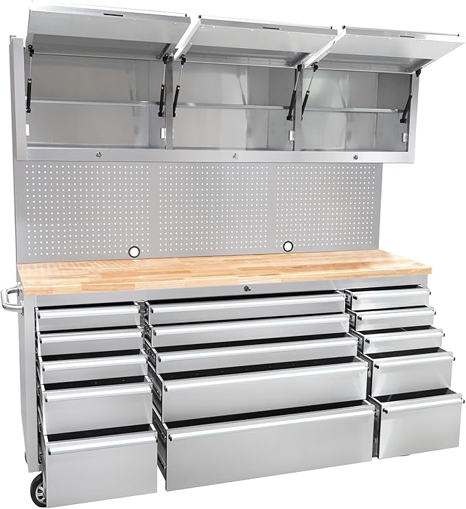 CT Copper Tailor 72-inch Tool Chest Cabinet Rolling Garage Workbench with 15 Storage Drawers and Wheels, 3 Upper Cabinet, Pegboard, Steel Large Tool Box,Stainless Steel