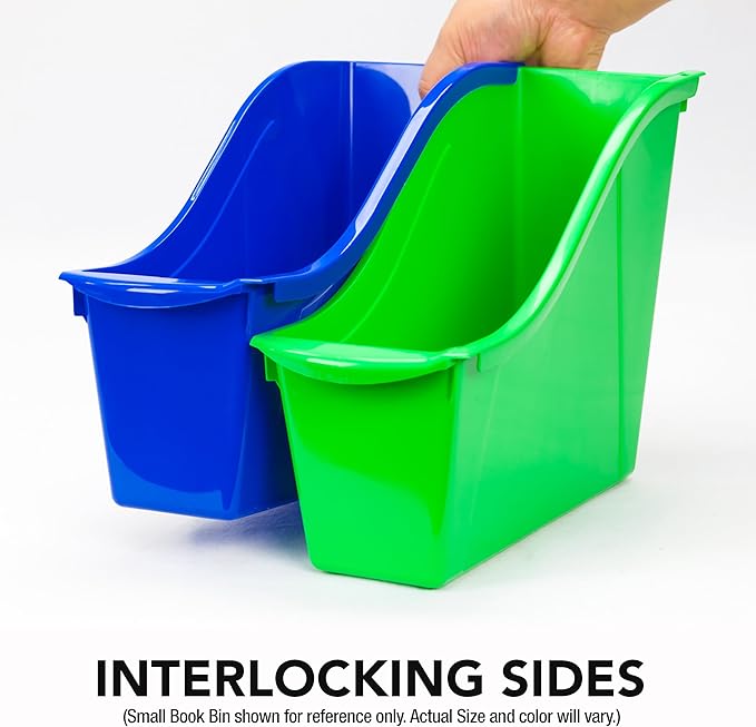 Storex Large Book Bin, Interlocking Plastic Organizer for Home, Office and Classroom, Green, 6-Pack (71104A06C)