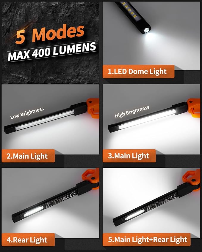 Rechargeable Work Light, 400LM Mechanic Work Light, Magnetic Flashlight with 230° Rotate and Hook Led Work Lights for Car Repairing, Emergency, Grill, Outdoor work (1 Pack)