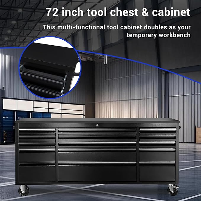 CHETTO C 72 inch Tool Chest Tool Box Mobile 15 Drawers Storage Rolling Cabinet with Wheels Lock Key Locking System Drawer Liners for Garage Warehouse Repair Shop Black