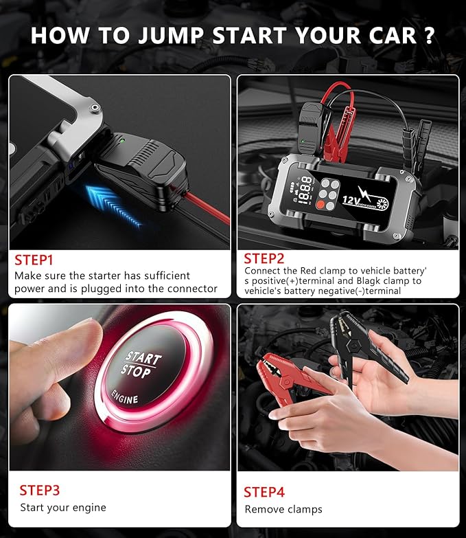 Car Jump Starter with Air Compressor, 4000A Portable Jump Starter Battery Pack with 150PSI Tire Inflator (All Gas/8L Diesel) Jump Box 12V Car Battery Charger, 3 Modes Flashlight and Jumper Cables