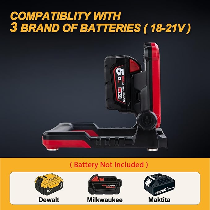 Cordless LED Work Light Compatible with Dewalt and Milwaukee 18-20V Battery, 4000 LM 25 W, Flickerless, Brightness Adjustable, Foldable Base with Magnets, (Battery/Charger Not Included)