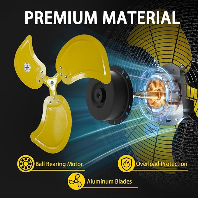 AZOUTDOOR Wall Mount Fan, 20" Oscillating Wall Fan with 7000CFM, 3-Speed, Upgrade Motor High Velocity Industrial Fans for Commercial, Garage, Residential and Patio Use, Yellow