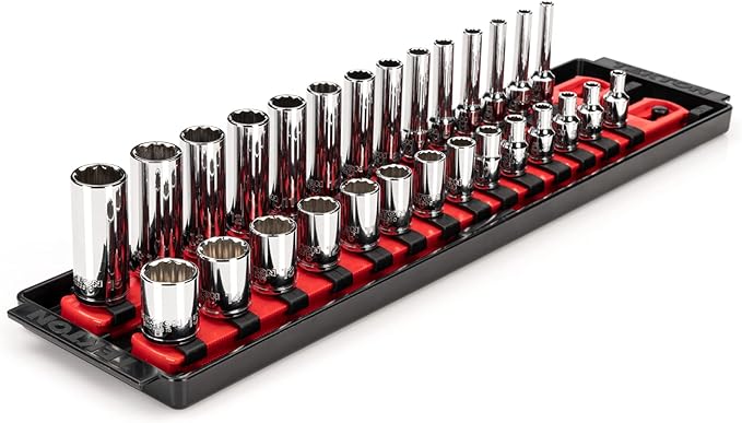 TEKTON 1/4 Inch Drive 12-Point Socket Set with Rails and Tray, 28-Piece (4-15 mm) | SHD90214