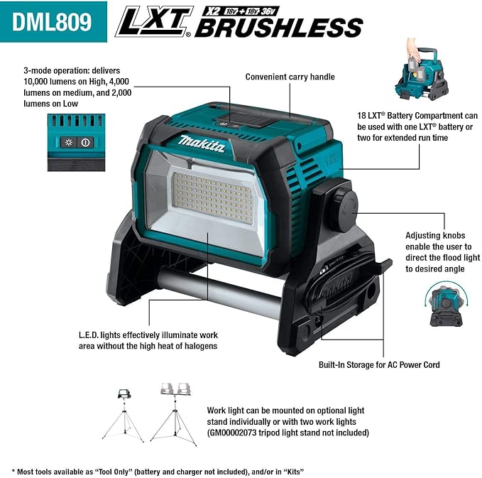 Makita DML809 18V X2 LXT® Lithium-Ion Cordless/Corded Work Light, Light Only