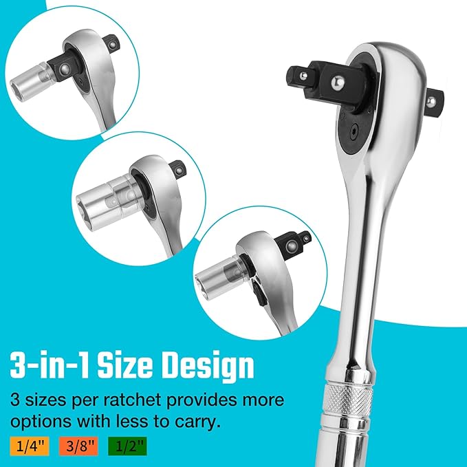 DURATECH Ratchet Set, 3-IN-1 Ratchet Handle, with 2 Extension Bars, 1/4", 3/8", 1/2" Drive Ratchet Wrench, 72-Tooth, Reversible Switch, Full-Polished Chrome Plating, Alloy Steel