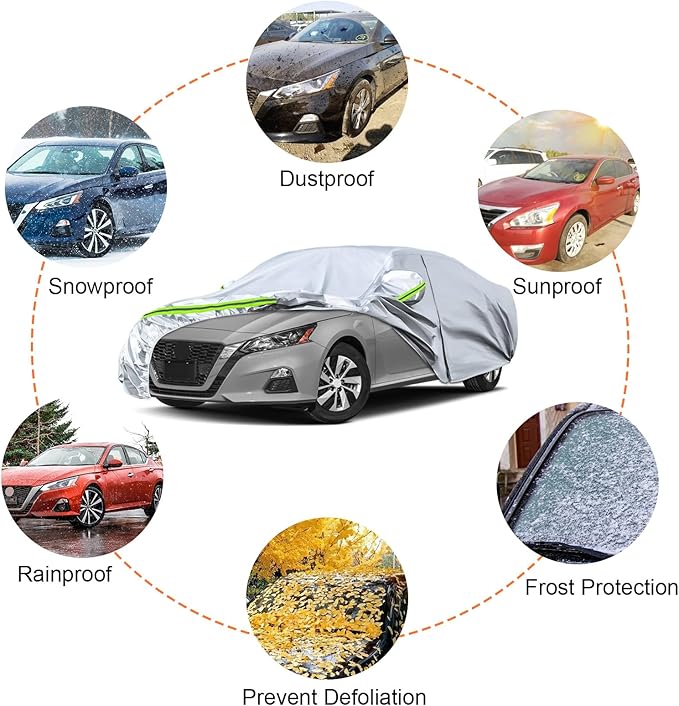 Waterproof Car Covers Replace for 2002-2025 Nissan Altima, 6 Layers Silver All Weather Custom-fit Car Cover with Zipper Door & Windproof Bands for Snow Rain Dust Hail Protection