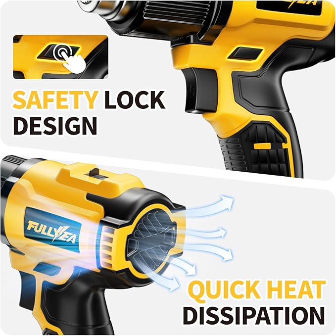 FULLYEA Cordless Heat Gun, 300℃-550℃ Fast Heating Gun Kit, 2 Temperature Setting Cordless Heater, Hot Air Gun with 2*4.0Ah Batteries & 5 Types Nozzles, Heat Guns for Shrink Tubing, Crafting (Yellow)