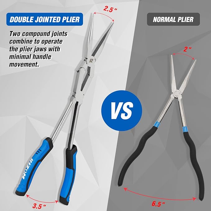Rizom 3-Piece Long Reach Pliers Set, 13 Inch Double Jointed Long Needle Nose Pliers, 11 Inch 45° & 90° Bent Nose Pliers for Narrow Spaces and Limited Areas