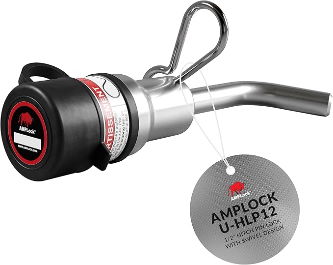 AMPLock - U-HLP12 1/2" Heavy Duty Trailer Hitch Lock with Swivel Design - Anti theft, Keyed Alike, Patented RV Trailer Hitch Lock Pin with Keys for 1.25"x1.25" Receiver Tube, Stainless Steel Tow Locks