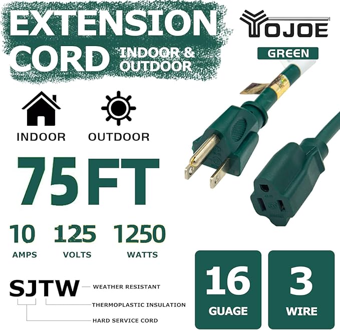 YOJOE Indoor Outdoor Extension Cord, 3 Prong 10A Weatherproof Power Cord, 16 Gauge Heavy Duty 75 ft Green Extension Cord for Garage, Garden and Home, 16/3 SJTW UL Listed