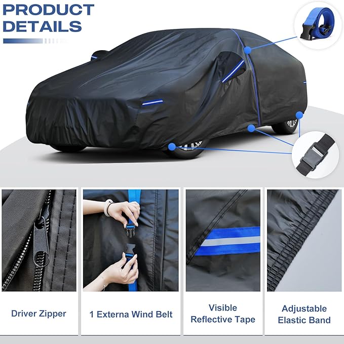 Kayme Car Cover Custom Fit for Toyota Camry/Camry Solara, Honda Accord, Nissan Altima, Windproof Upgraded & 100% Waterproof. All-Weather Full Exterior Cover Rain Sun Snow Protector with Door Zipper.