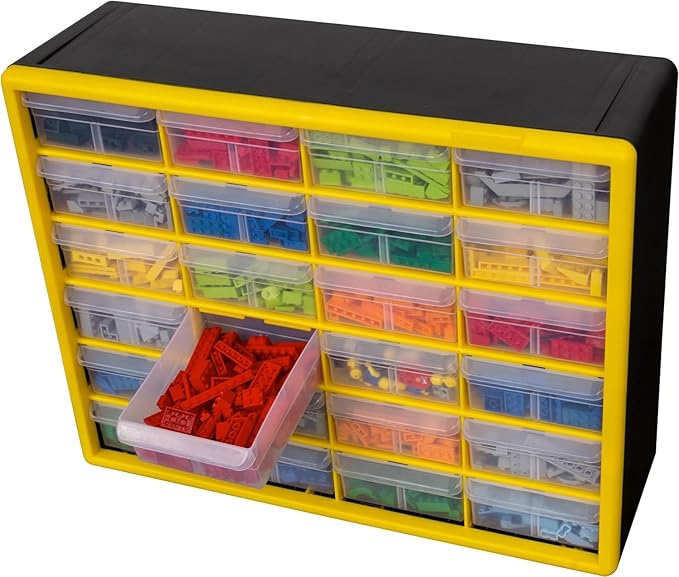 Akro-Mils 24-Drawer Plastic Drawer Storage Cabinet for Garage Organization, Bead Organizer, Building Bricks Storage, Teacher Toolbox, Makeup Organizer, 20-Inch W x 6-Inch D x 16-Inch H, 10124 Yellow