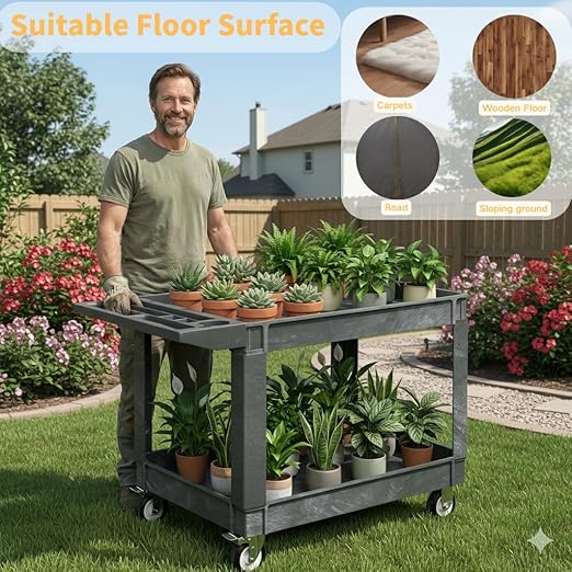 DWVO 2 Tier Utility Cart on Wheels, 550 lbs 2 Shelf Heavy Duty Plastic Rolling Carts, 40 x 17 in Plastic Tool Cart Work Cart with Locking Swivel Wheels & Handle for Warehouse Garage School & Office