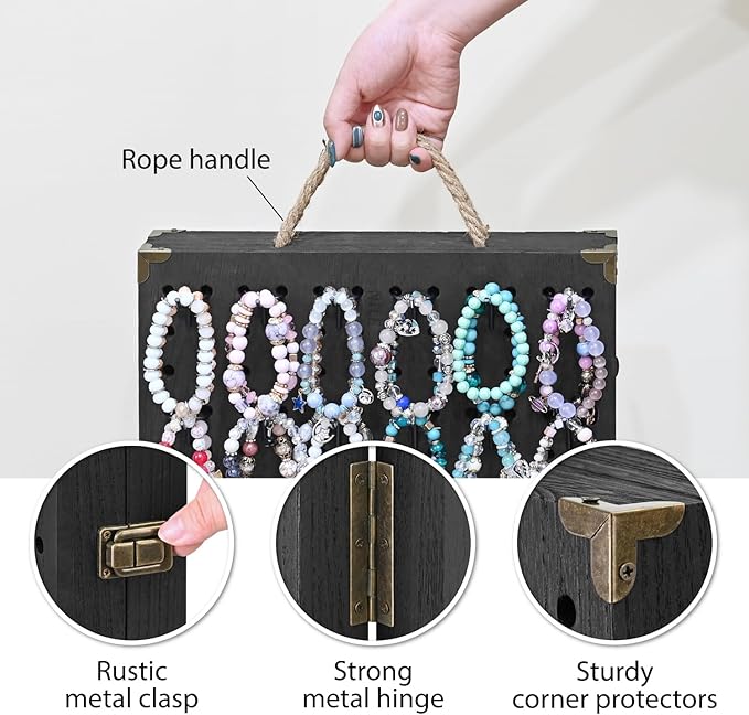 MOOCA Wooden Foldable and Portable 2 Panel Pegboard Jewelry Display Organizer with 48 Removable Black Metal Hooks & Convenient Rope Handle for Easy Carrying, Dual-Sided Panels for Hanging, Black Color