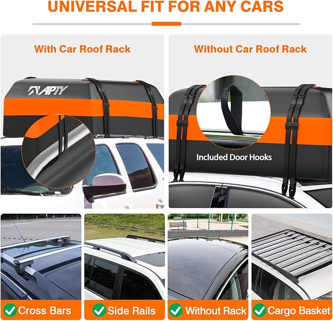APTY Car Rooftop Cargo Bag Carrier, 16 Cubic Feet Soft Roof Top Luggage Bag for All Vechicles with/Without Racks - with Waterproof Zip, Luggage Lock, Anti-Slip Mat, Door Hooks, Storage Bag