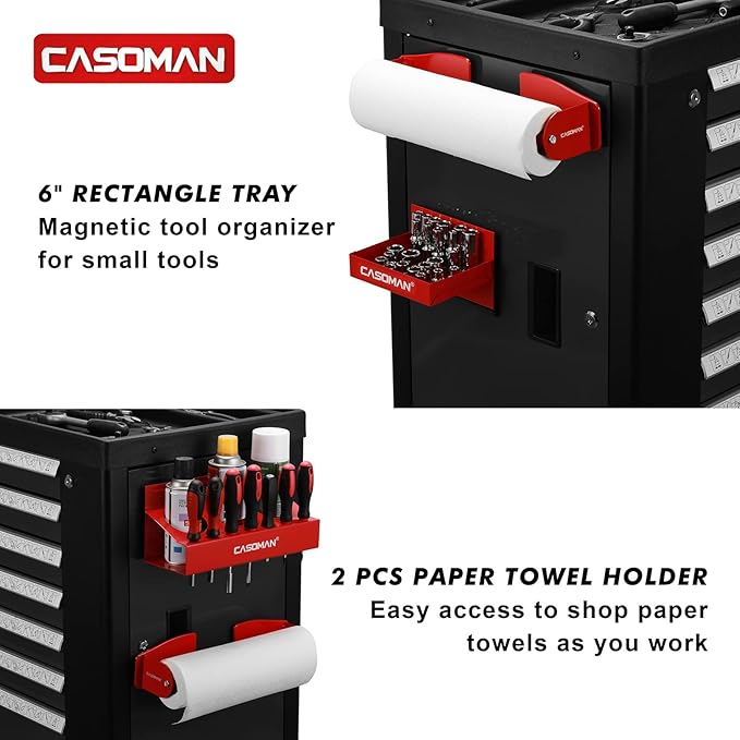 CASOMAN 4PCS Red Magnetic Toolbox Shelf, Tray, Paper Towel Holder, Variety of Use, Durable, Magnets Any Metal Surface