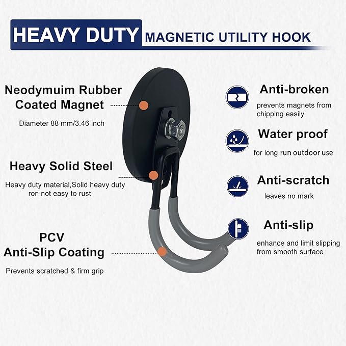 TSUYA Strong Magnetic Hooks, 45Lbs Garage Magnet Hooks Utility Hooks Heavy Duty for Hanging Yard Tools Extension Hose Power Tools Workshop Organization Outdoor Indoor