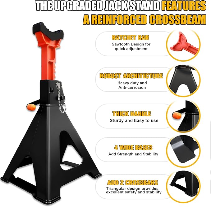 Upgraded 6 Ton Jack Stands (13,200 LBs) with 2 Crossbars&Double Locking - Heavy Duty Adjustable Car Jack Stand for Trucks, SUV, Car, UTV/ATV Garage Lifting Tool, 15.35"-22.05" Height, 1 Pair