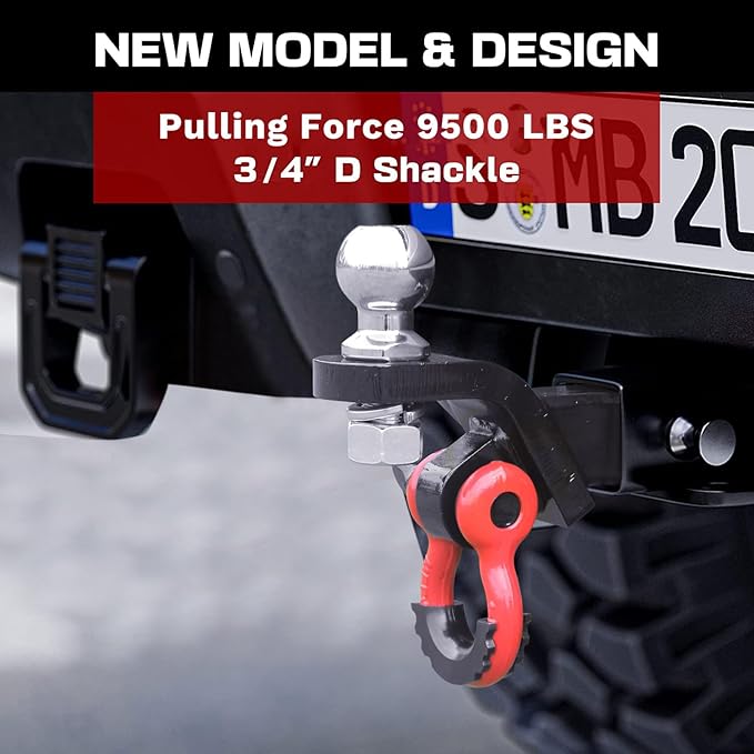 Trailer Hitch Ball Mount with Tow Shackle and 3/4" Hitch Pin Clip for Heavy Duty Trucks, SUVs, and Cars, Multifunctional 2 in 1 Hitch Mount Fits 2Inch Hitch Receiver