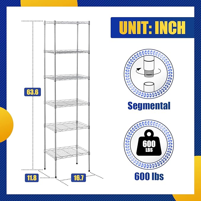BestOffice Adjustable NSF-Certified Metal Shelf Wire Shelving Unit Storage for Small Places Restaurant Garage Pantry Kitchen Garage Rack (Chrome, 16.7L×11.8W×63.6H)