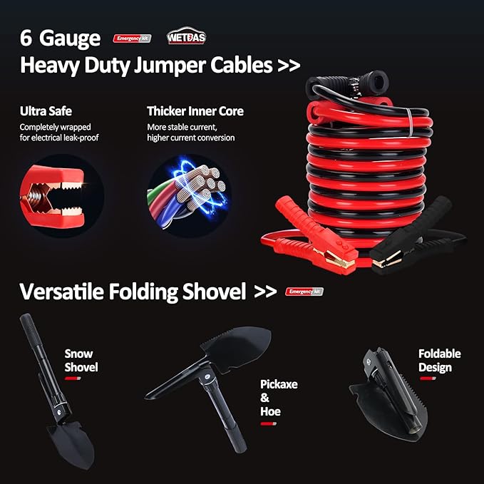 Car Roadside Emergency Kit with Jumper Cables, Auto Road Side Safety Kit for Vehicles - with Premium Carry Bag, Repair Tool Set, Folding Shovel, for Men, Women, Teenagers
