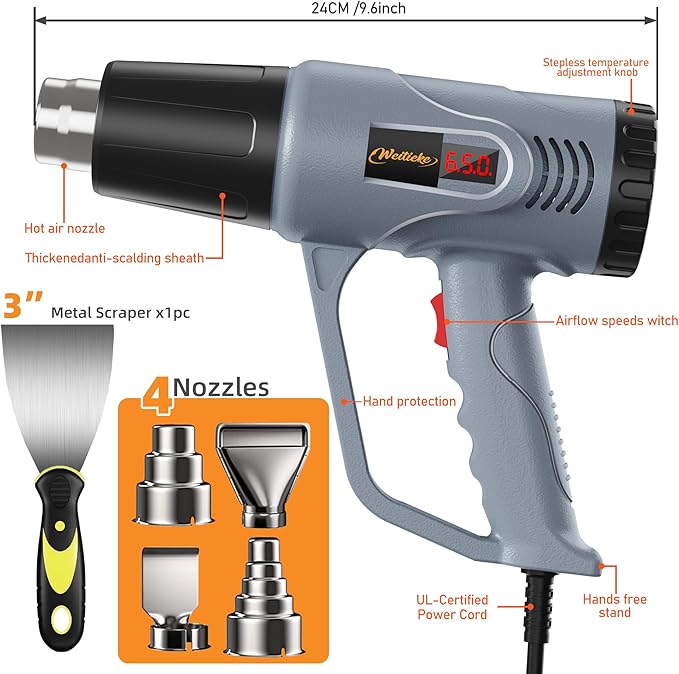 Heat Gun LCD Digital Display 7-Level Temperature Control 122-1202℉ Hot Air Gun with 4 Nozzles Fast Heating Overload Protection for Shrink Tubing, Vinyl Wrap, Crafting,Resin, 5Ft Power Cord
