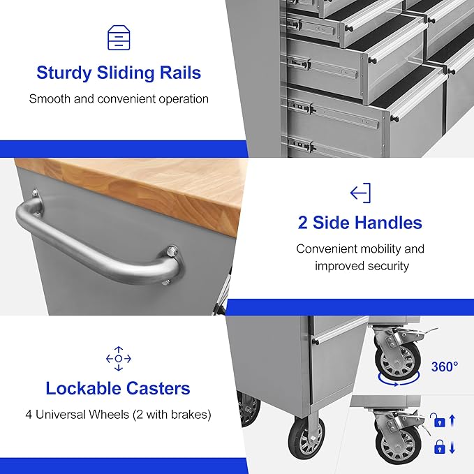 72-Inch Stainless Steel Rolling Tool Box with 15 Drawers, Heavy-Duty Mobile Garage Workbench, Lockable Large Tool Chest Storage Cabinet with Wheels for Workshop