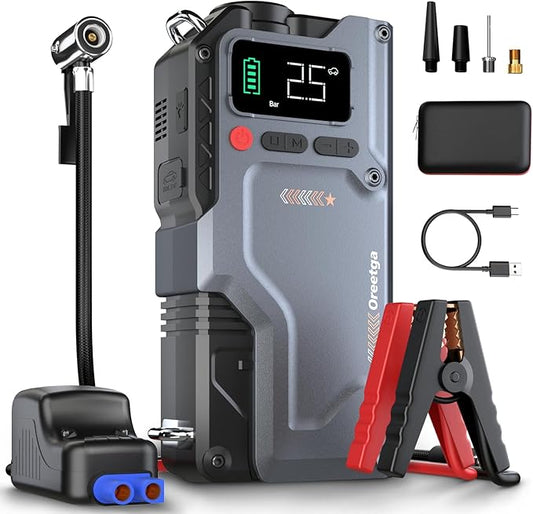 9000A Car Battery Charger Jump Starter with Air Compressor, 150PSI Tire Inflator Air Pump(All Gas/16L Diesel),12V Jump Box Car Battery with Smart Jumper Cables, LCD Display, Portable Power Pack