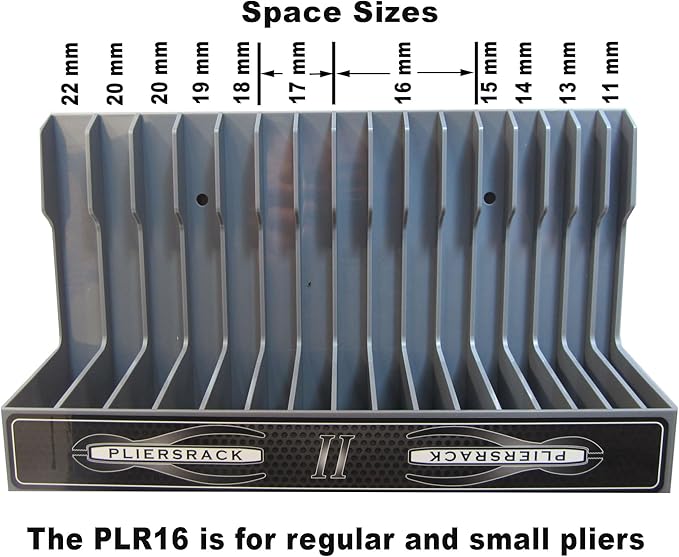 PLR16 Gray PliersRack for your Peg Board and Toolbox Drawer. Plier storage for Regular & smaller pliers. Keeps spring loaded pliers closed in your toolbox. Has a special tilt feature.