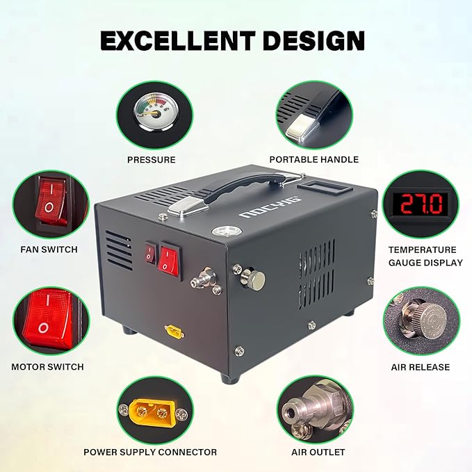 Pcp air compressor 4500PSI Portable Pcp Compressor 12V Dc/110V Ac Pcp Airgun Compressor Manual-stop w/External Power Adapter Built-in Fan Suitable for Paintball Air Rifle Scuba Bottle