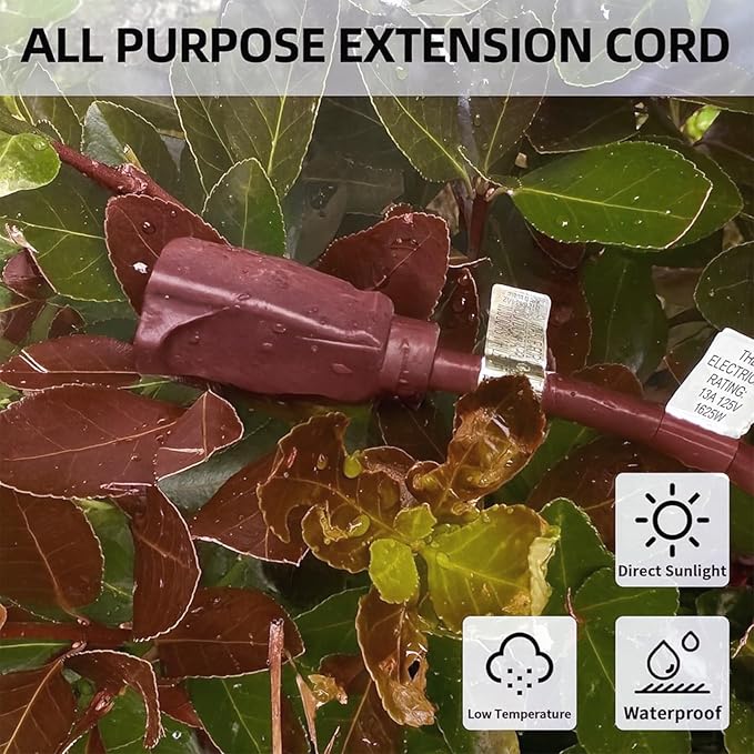 YOJOE Indoor Outdoor Extension Cord, 3 Prong 13A Weatherproof Power Cord, 16 Gauge Heavy Duty 12 ft Brown Extension Cord for Garage, Garden and Home, 16/3 SJTW UL Listed
