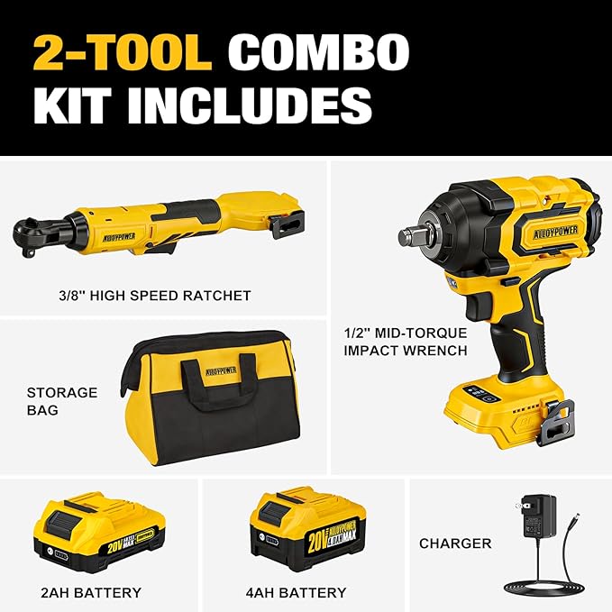 20v 3/8'' Cordless Ratchet Wrench 44 ft-lbs (60 Nm) and 1/2'' Brushless Impact Wrench 516 ft-lbs(700 Nm) Combo Set, with Variable Speed, LED Light, 4.0Ah &2.0Ah Battery, Charger