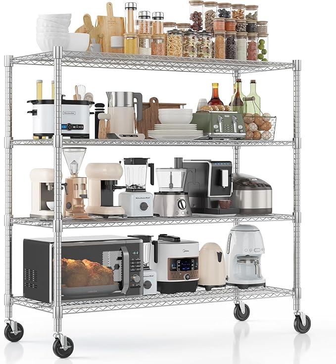 Xcity Storage Shelves, 4 Tier Heavy Duty Metal Shelving Unit with Wheels, 1600 LBS Capacity Adjustable Steel Wire Shelf Organizer for Pantry, Kitchen, Garage, 18" D x 36" W x 60" H, Chrome