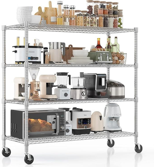 Xcity Storage Shelves, 4 Tier Heavy Duty Metal Shelving Unit with Wheels, 1600 LBS Capacity Adjustable Steel Wire Shelf Organizer for Pantry, Kitchen, Garage, 18" D x 36" W x 60" H, Chrome