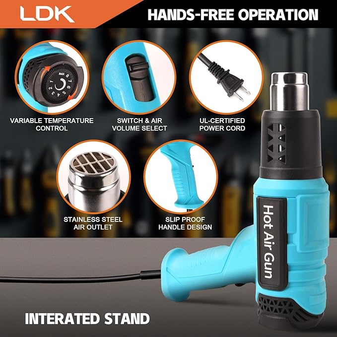 LDK Heat Gun, 140°F~1100°F Variable Temperature Control Heating Gun, 1.5s Fast Heating Heavy Duty Hot Air Gun Kit with 4 Nozzles for Crafting Shrink Tubing Vinyl Wrap